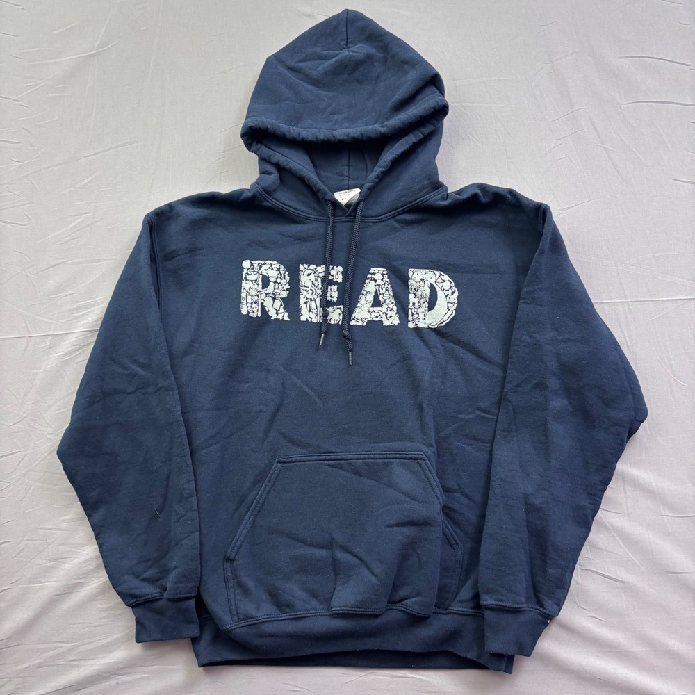 Gildan Heavy Blend Navy Blue READ‎ Graphic Hoodie Sweatshirt Mens Medium